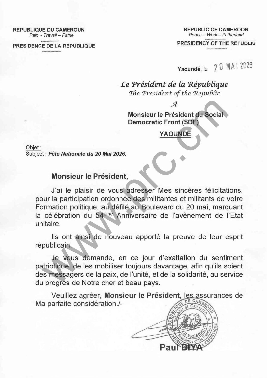 Message de félicitations du Chef de l’Etat à M. le Président du Social Democratic Front (SDF) pour sa participation au défilé au Boulevard du 20 Mai à l’occasion de la fête nationale de la République du Cameroun, le 20 mai 2026