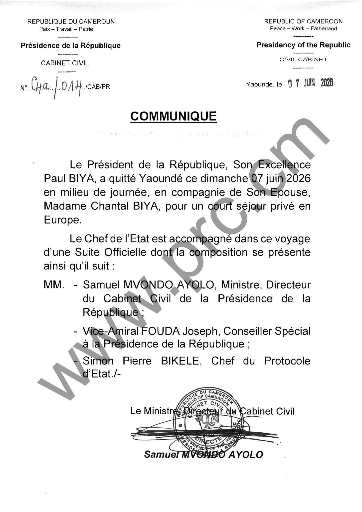 Communiqué du Cabinet civile 