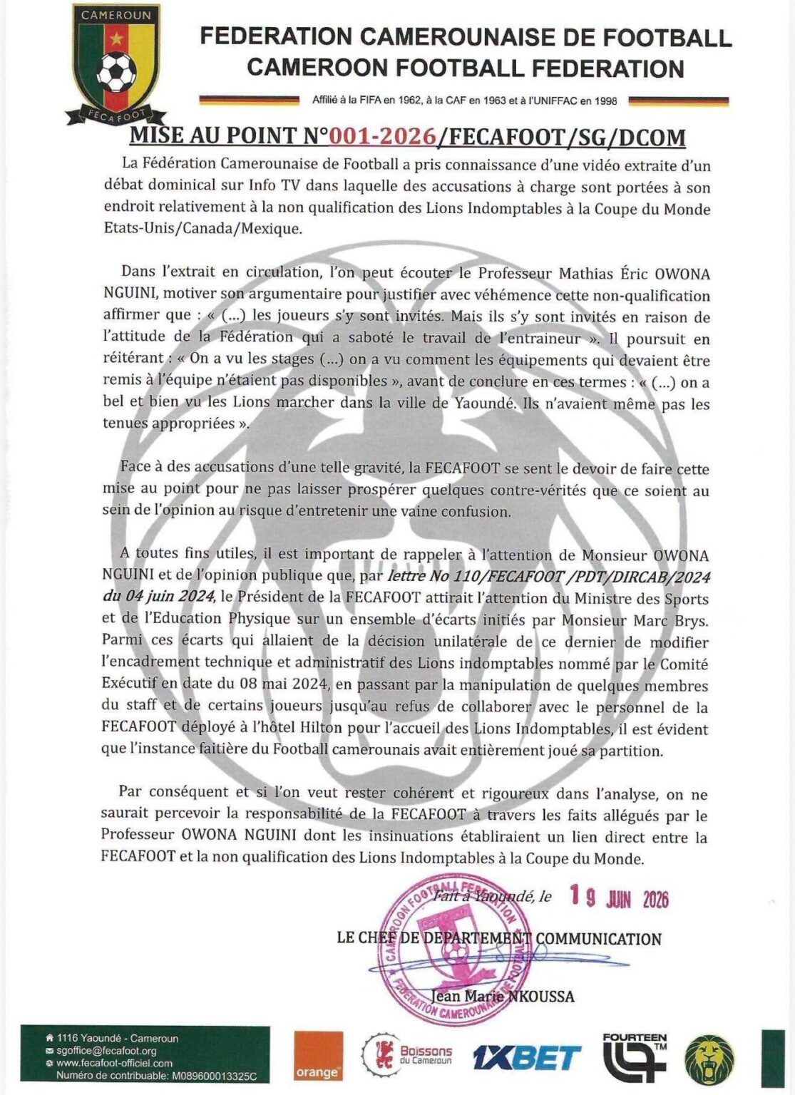 La réplique de la Fécafoot