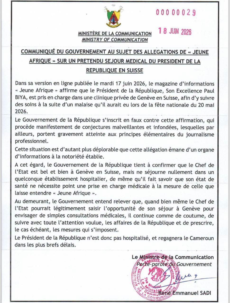 Le Gouvernement rectifie Jeune Afrique sur un « prétendu séjour médical » de Biya en Suisse